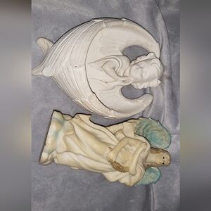 Pair of 2 Ceramic Angel Figurines in Cream with Aqua Wings. One Hanging Wall Dec
